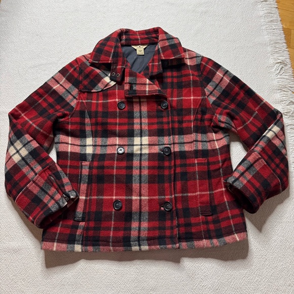 Woolrich Wool Blend Peacoat Red Cream Plaid Jacket M Christmas Pea Coat - Picture 2 of 8